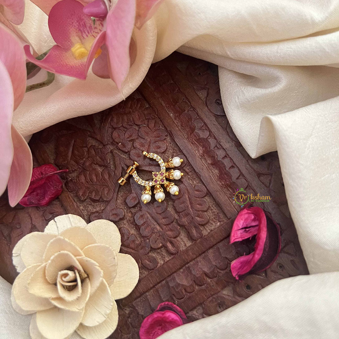 Vriksham Square Style Press Naths/Nose Pin-Red White-Pearls Motif-G20717