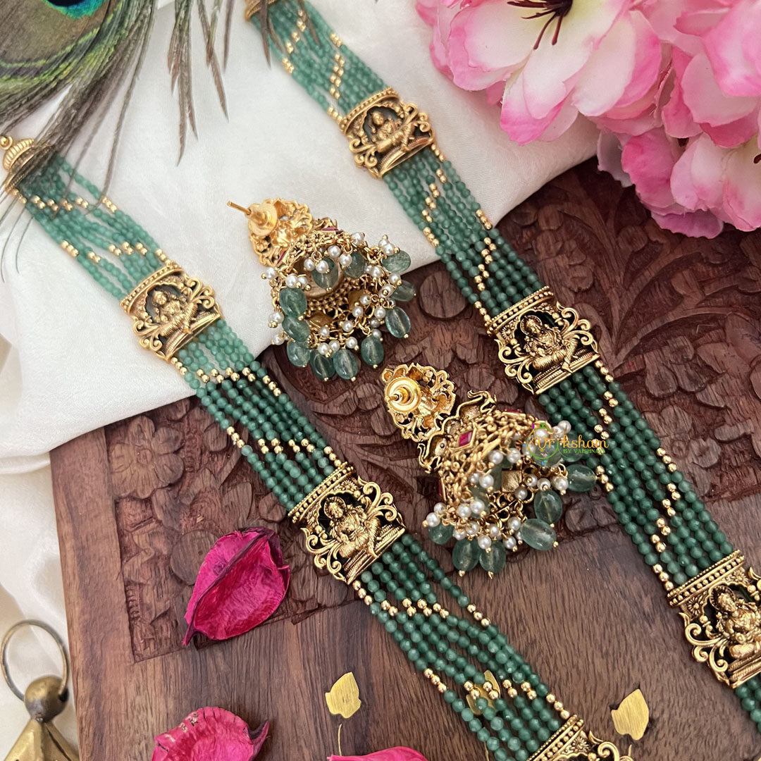 Vriksham Gold Look Alike Lakshmi Pendant Green Bead Haram-Red-Pastel Green Bead-G18051
