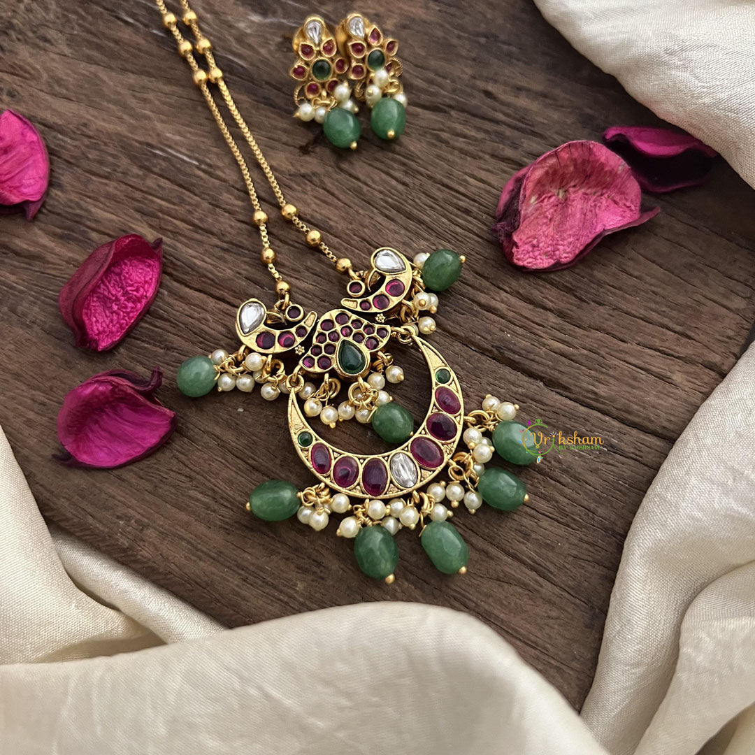 Vriksham Half Moon Pendant Chain-Green Bead-Red Green-G15668