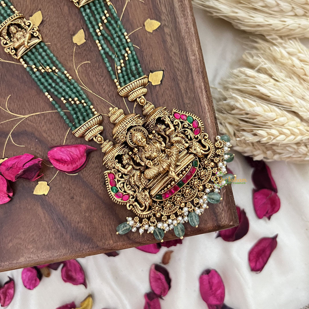 Vriksham Gold Look Alike Lakshmi Pendant Green Bead Haram-Red Green-Pastel Green Bead-G18050