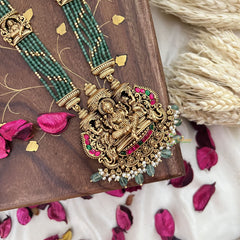 Vriksham Gold Look Alike Lakshmi Pendant Green Bead Haram-Red Green-Pastel Green Bead-G18050