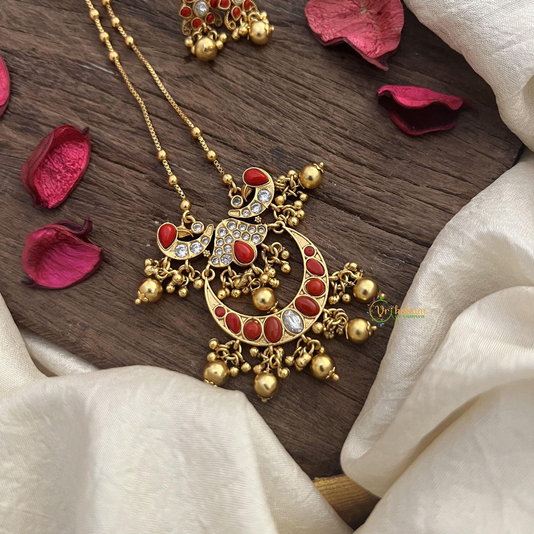 Vriksham Half Moon Coral Stone Pendant Chain-Golden Bead-G15667