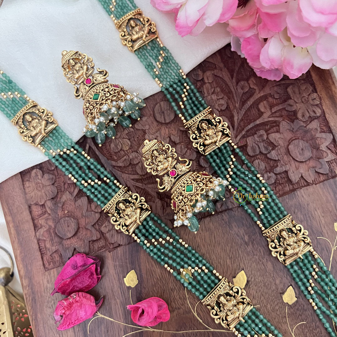 Vriksham Gold Look Alike Lakshmi Pendant Green Bead Haram-Red Green-Pastel Green Bead-G18050