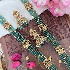 Vriksham Gold Look Alike Lakshmi Pendant Green Bead Haram-Red Green-Pastel Green Bead-G18050