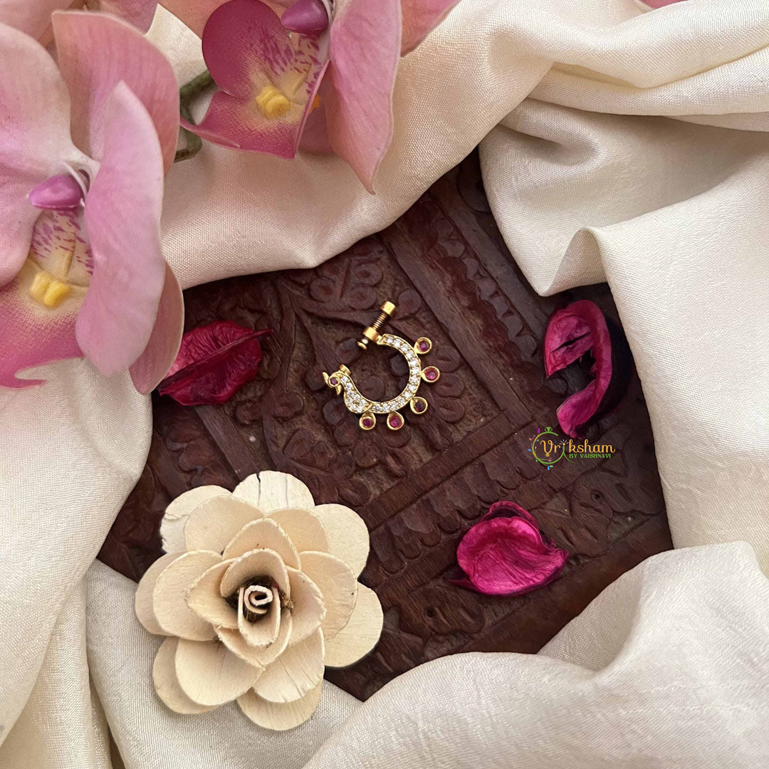 Vriksham Peacock & Dot Style Press Naths/Nose Pin-Red White-G20702