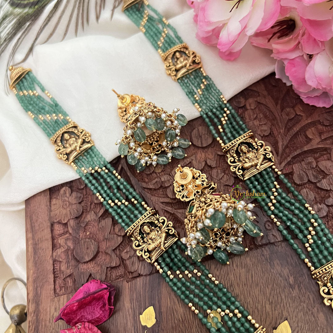 Vriksham Gold Look Alike Lakshmi Pendant Green Bead Haram-Red Green-Pastel Green Bead-G18050