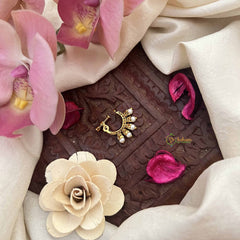 Vriksham Unique Peacock Motif Style Press Naths/Nose Pin-Red White & Green-Pearls-G20753