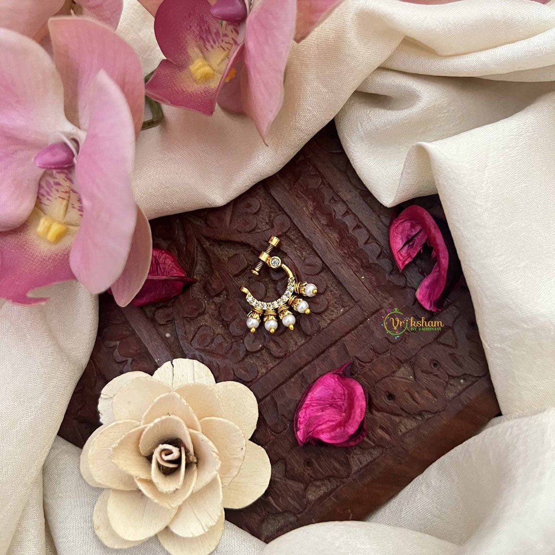 Vriksham Unique Peacock Motif Style Press Naths/Nose Pin-White-Pearls-G20756