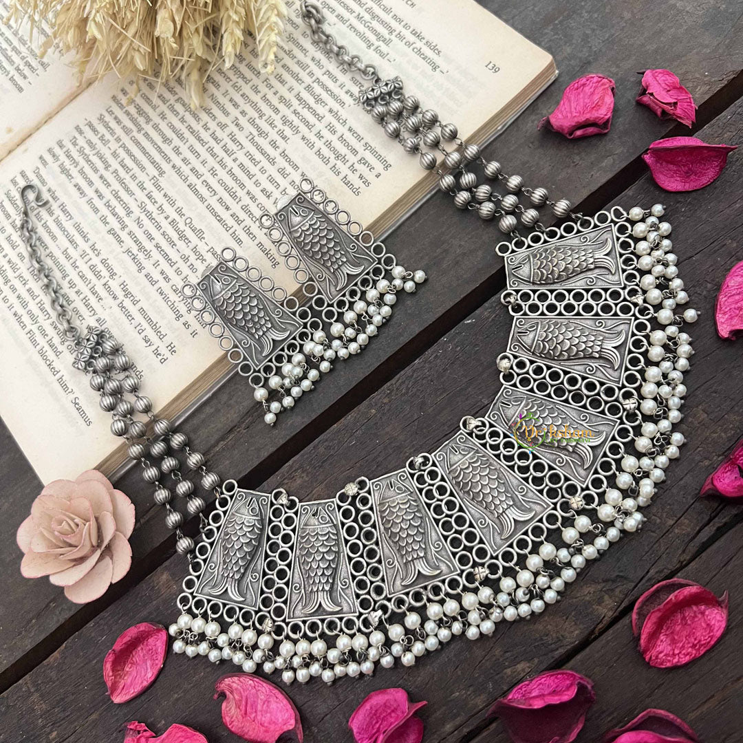 Vriksham Antique Silver Fish Motif Necklace With Pearl Detailing Neckpiece-S1047