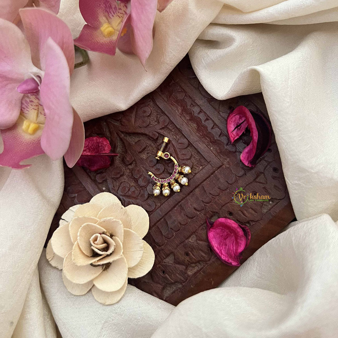 Vriksham Unique Peacock Motif Style Press Naths/Nose Pin-Red-Pearls-G20755