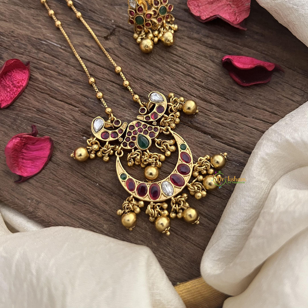 Vriksham Half Moon Pendant Chain-Golden Bead-Red Green-G15663