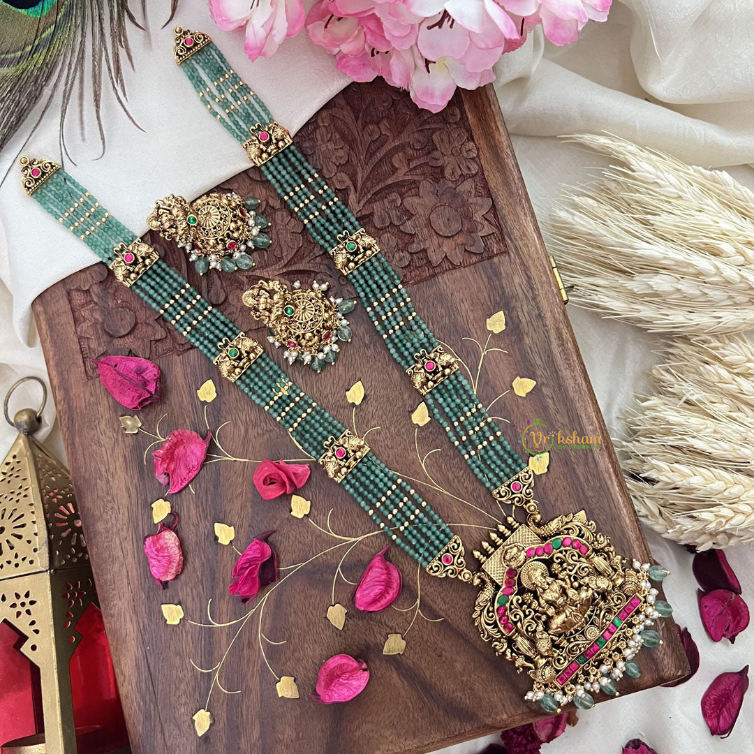 Vriksham Lakshmi With Dual Elephant Pendant Green Bead Haram-Red Green-Pastel Green Bead-G18107