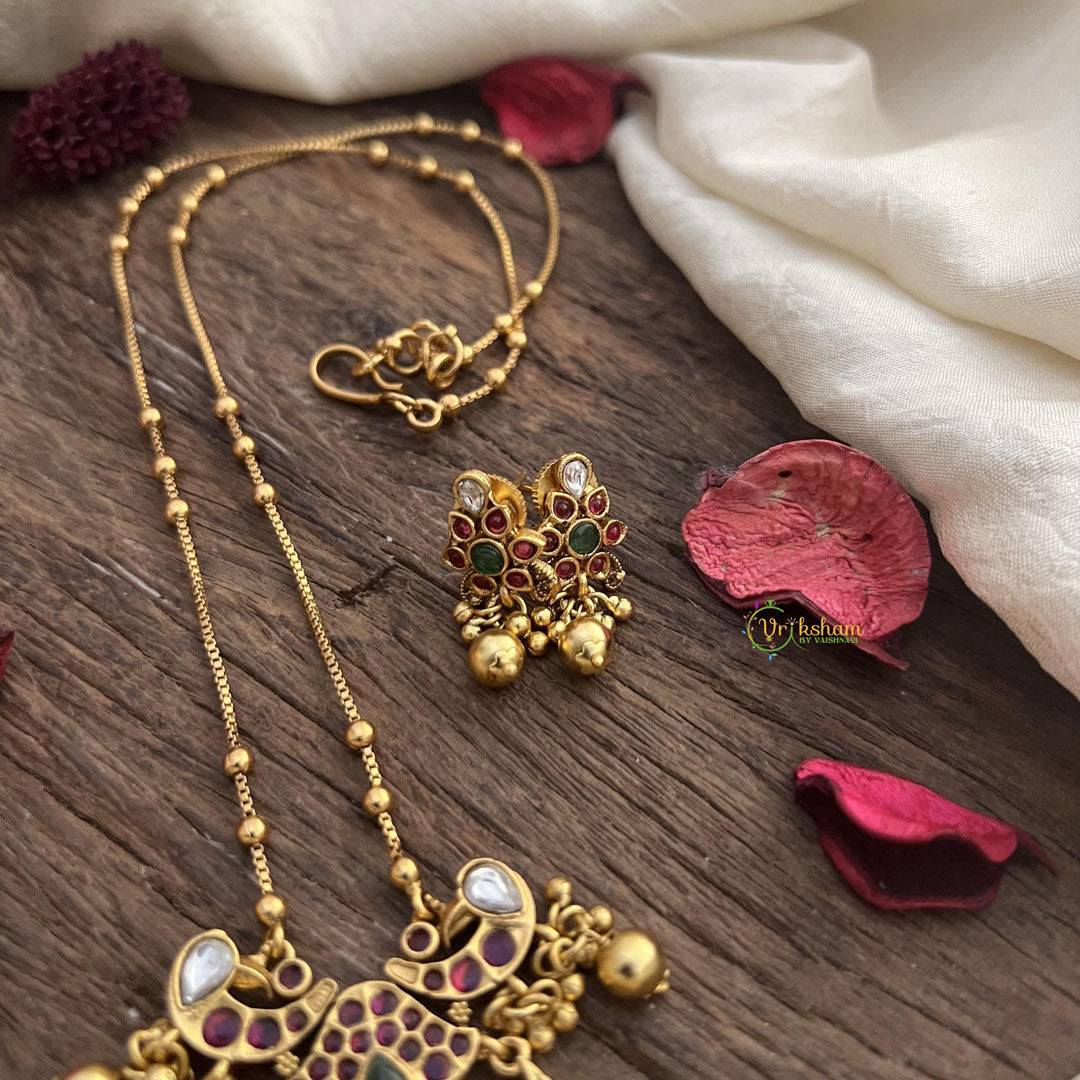 Vriksham Half Moon Pendant Chain-Golden Bead-Red Green-G15663