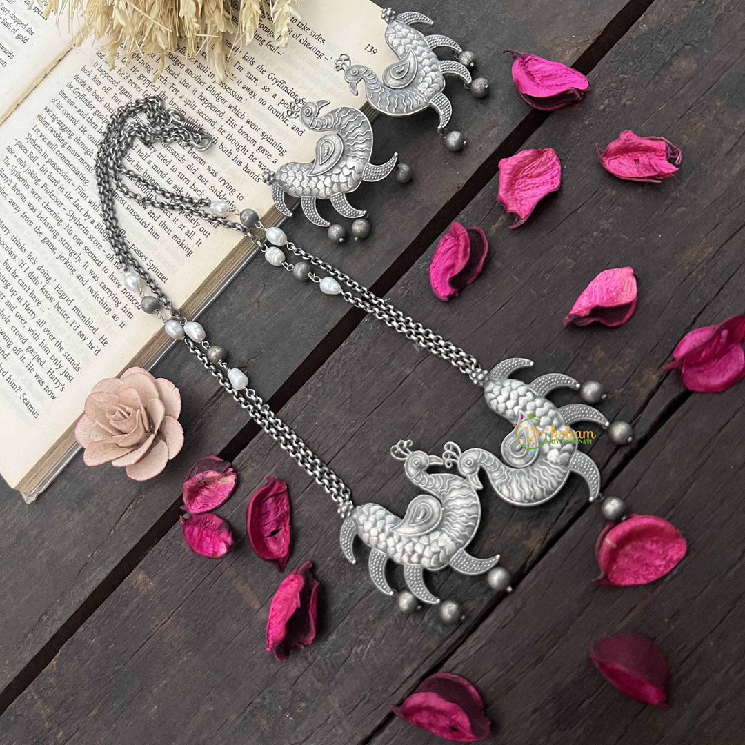 Vriksham Oxidized Silver Double Peacock Tribal Jewelry with Chain and Pearl Accents Neckpiece-S1050