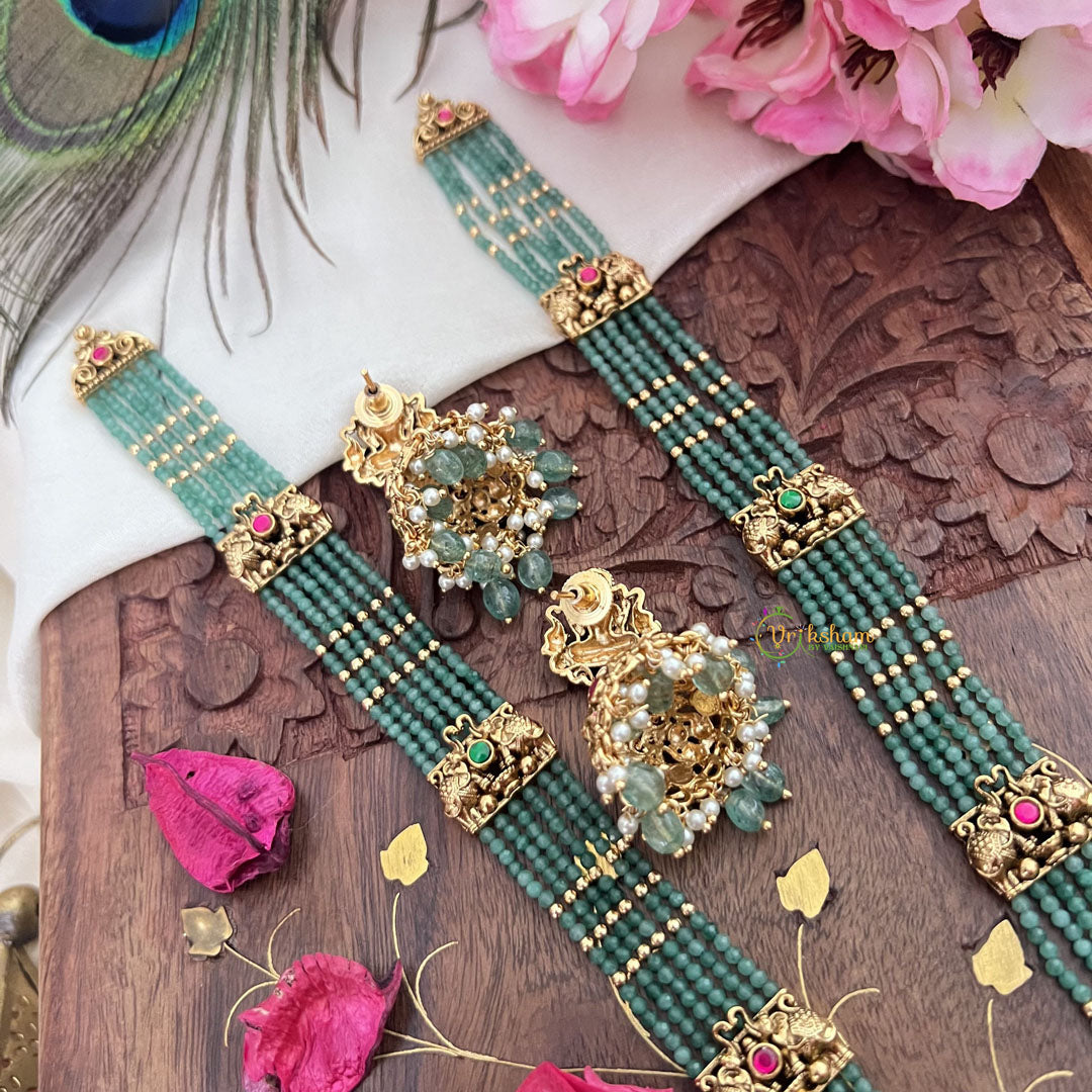 Vriksham Lakshmi With Dual Elephant Pendant Green Bead Haram-Red Green-Pastel Green Bead-G18107