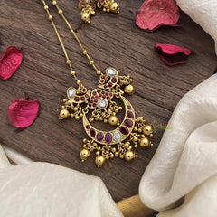 Vriksham Half Moon Pendant Chain-Golden Bead-Red-G15662
