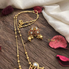 Vriksham Half Moon Pendant Chain-Golden Bead-Red-G15662