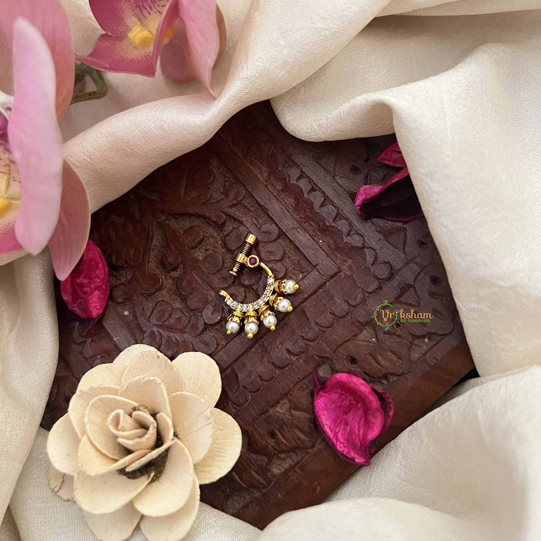 Vriksham Unique Peacock Motif Style Press Naths/Nose Pin-Red White-Pearls-G20754