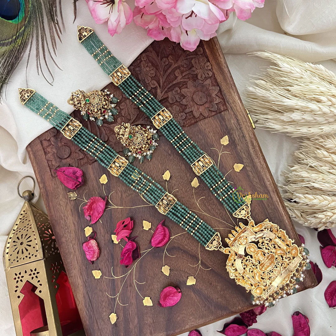 Vriksham Lakshmi With Dual Elephant Pendant Green Bead Haram-Red Green-Pastel Green Bead-G18107