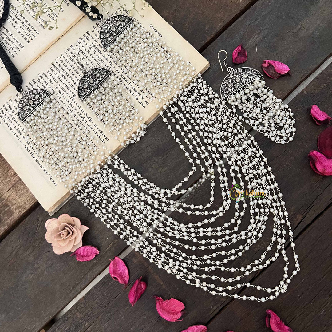 Vriksham Multi-Layered Pearl Beaded Oxidized Silver Long NeckPiece-S1053