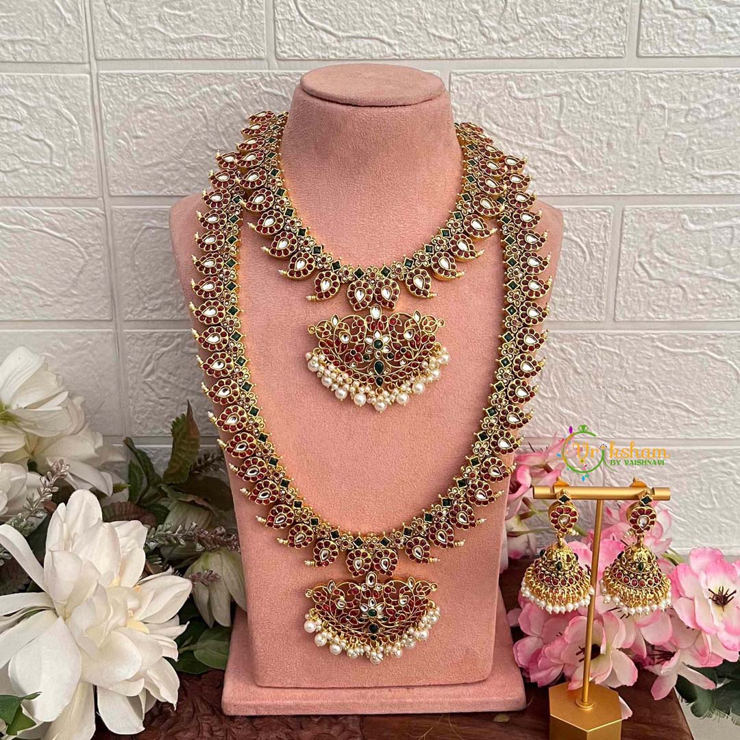 Vriksham Bridal Classic Manga Style Red Green & White Stone Bridal Set-G21401