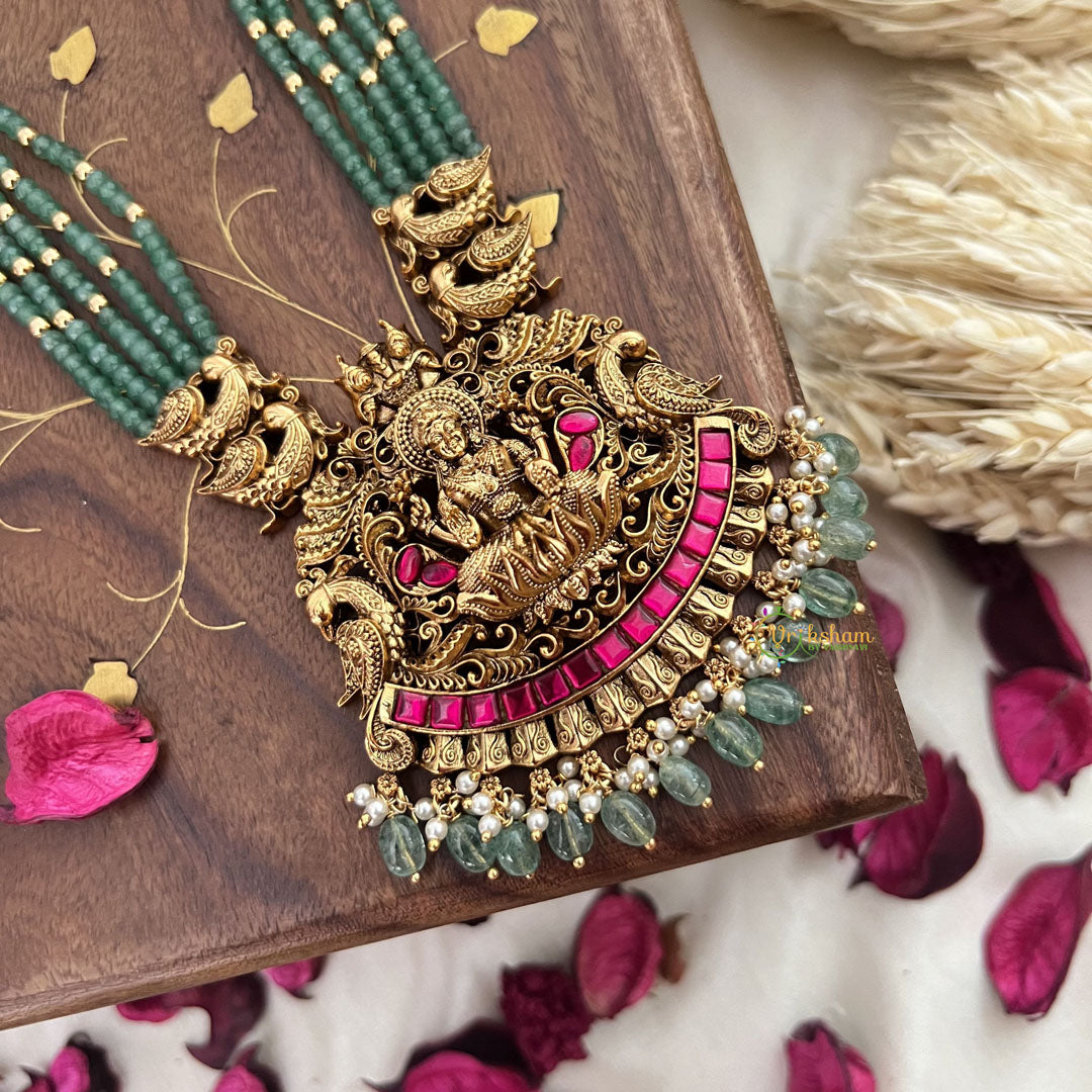 Vriksham Lakshmi Pendant Green Bead Haram-Red-Pastel Green Bead-G18048