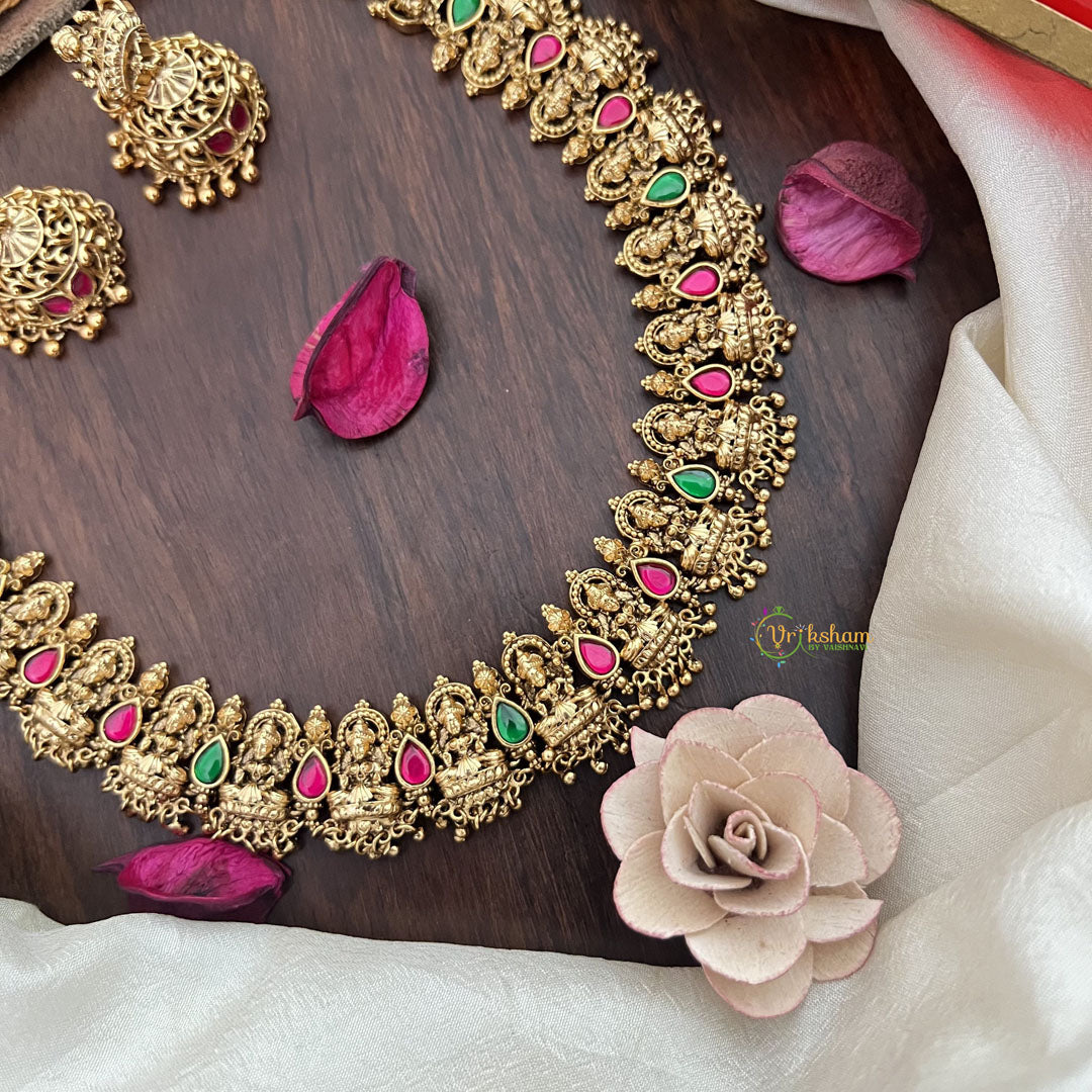 Vriksham Gold Look Alike Lakshmi Long Neckpiece-Red Green-Gold Pearl-G17864
