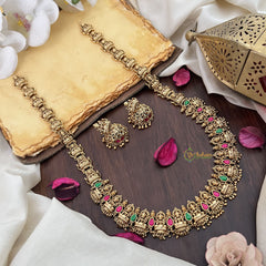Vriksham Gold Look Alike Lakshmi Long Neckpiece-Red Green-Gold Pearl-G17864