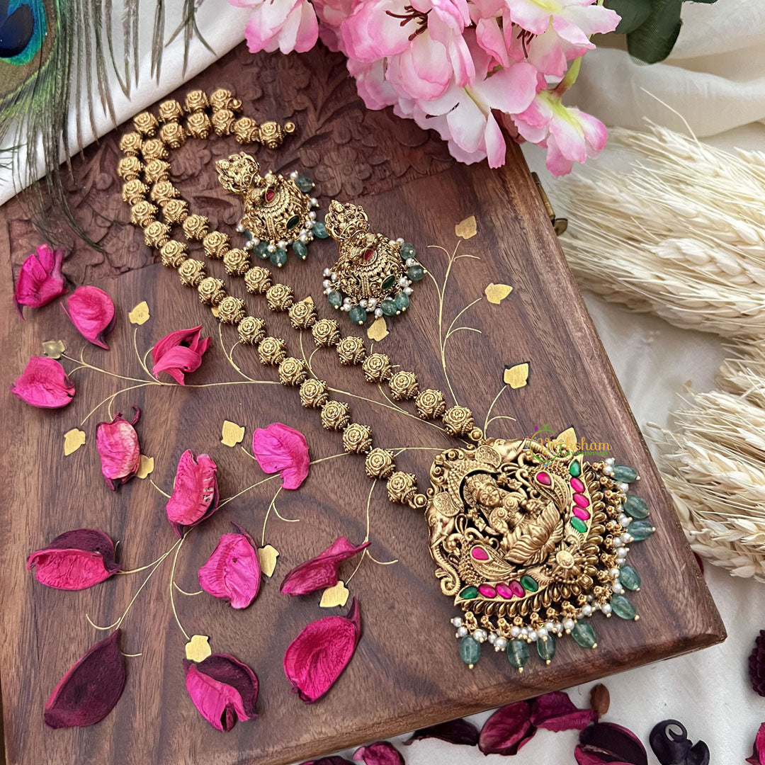 Vriksham Lakshmi With Dual Elephant Long Neckpiece-Red Green-Pastel Green Bead-G18110