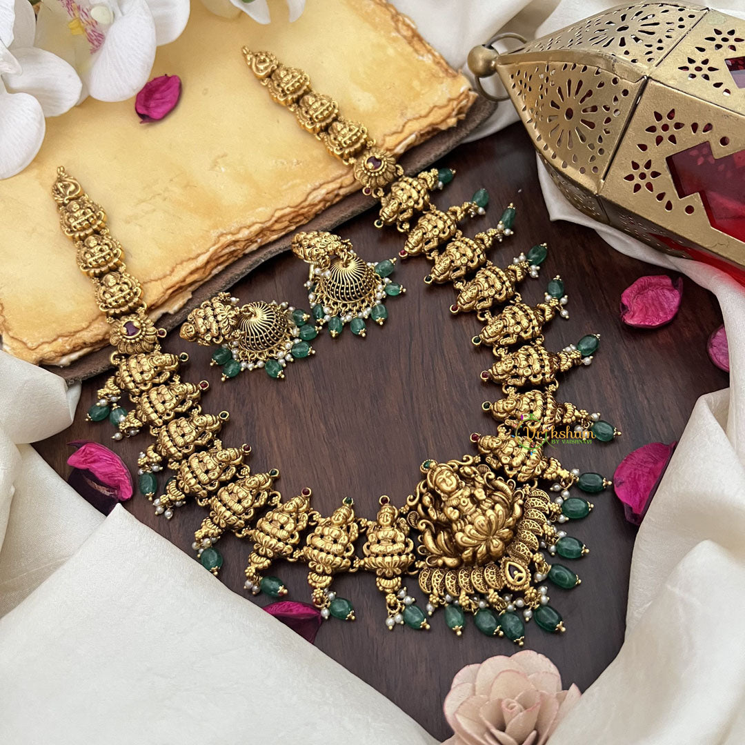 Vriksham Gold Look Alike Lakshmi Long Neckpiece-Pastel Green Bead-G17863