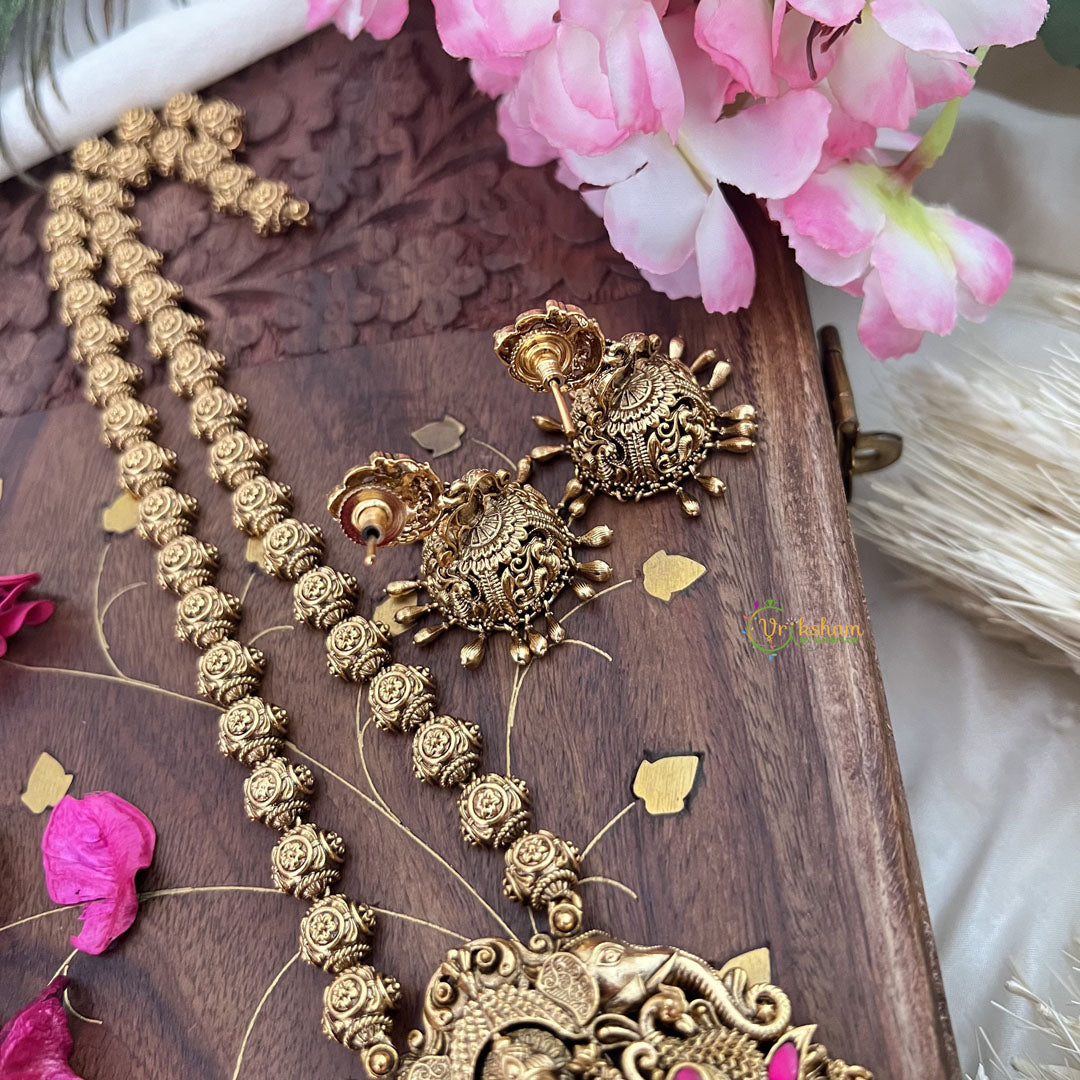 Vriksham Lakshmi With Dual Elephant Long Neckpiece-Red-Gold Bead-G18112