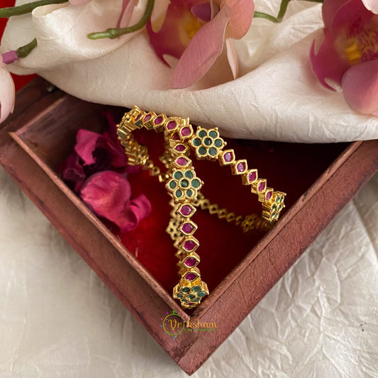 Premium Gold Alike AD Stone Bangle Set - Green Flower - G11695