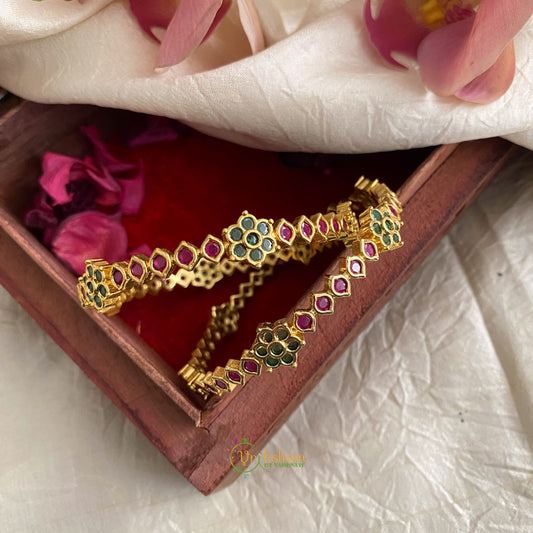 Premium Gold Alike AD Stone Bangle Set - Green Flower - G11695