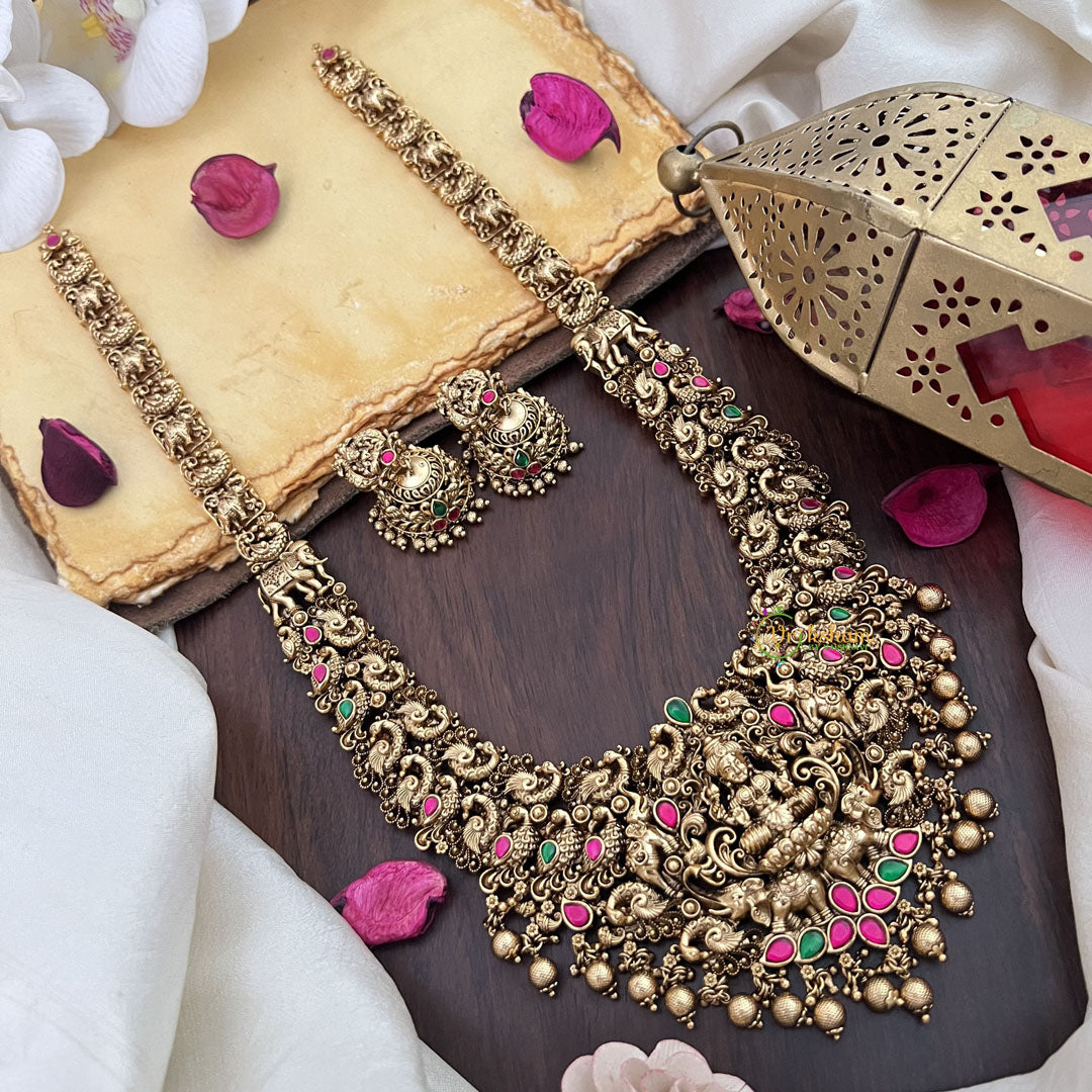 Vriksham Lakshmi Dual Elephant Peacock Long Neckpiece-Gold Bead-G17861
