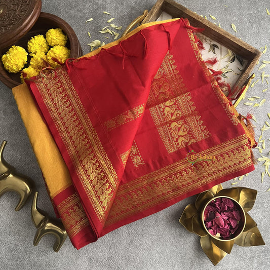 Vriksham Haldi Yellow With Red Border-Kalyani Cotton Saree-VS4169