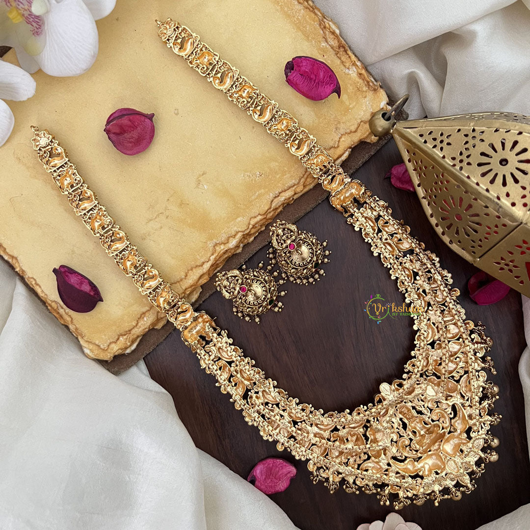 Vriksham Lakshmi Dual Elephant Peacock Long Neckpiece-Gold Bead-G17861