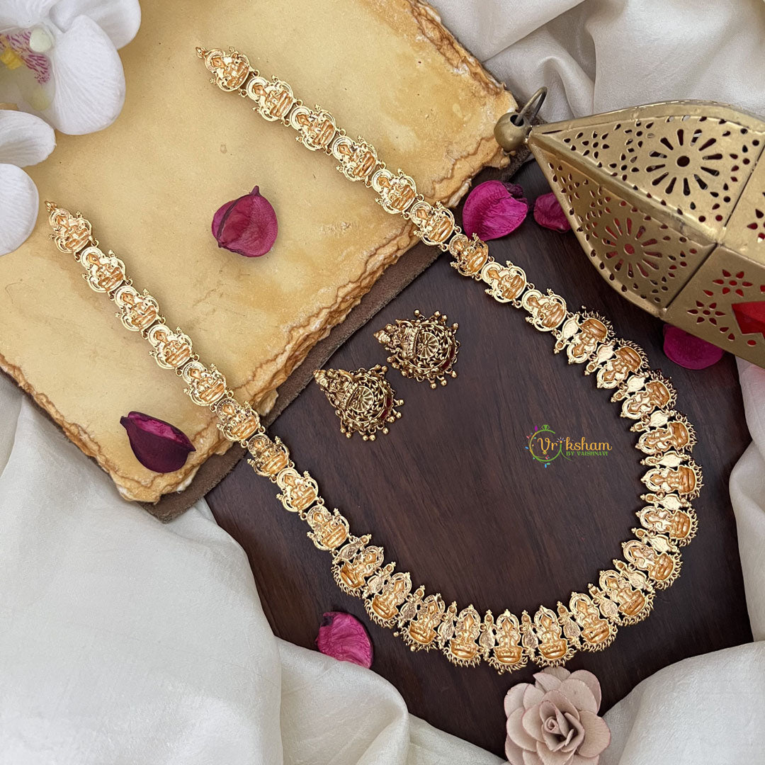 Vriksham Gold Look Alike Lakshmi Long Neckpiece-Red Green-Gold Pearl-G17864