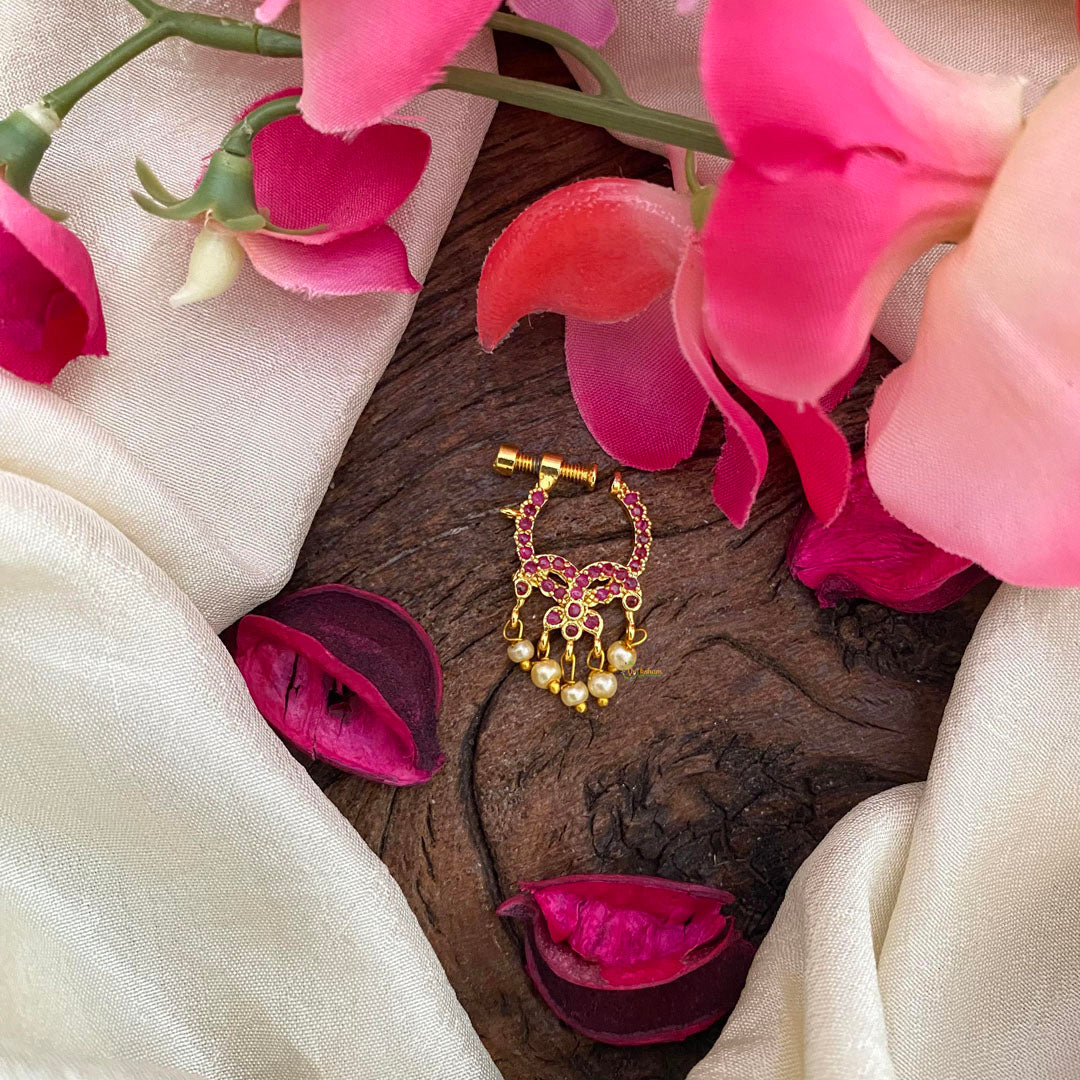 Designer Red AD Stone Nath / Nose pin-Pearl-G13950