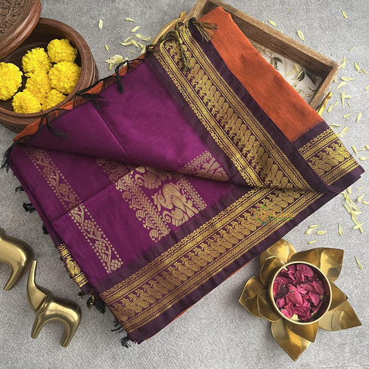 Vriksham Orange With Purple Border-Kalyani Cotton Saree-VS4170