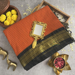 Orange With Black Border-Vairaoosi Podi Kattam- Kalyani Cotton Saree - VS3442