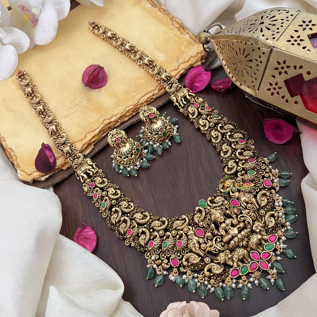 Vriksham Lakshmi Dual Elephant Peacock Long Neckpiece-Pastel Green Bead-G17860