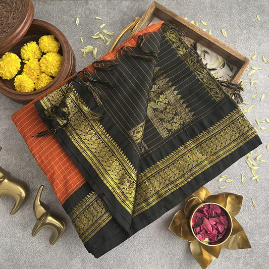 Orange With Black Border-Vairaoosi Podi Kattam- Kalyani Cotton Saree - VS3442