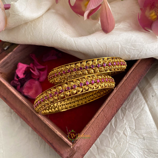 Premium Gold Look Alike AD Stone Bangle Set - Red - G11700