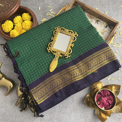 Dark Green With Purple Border-Vairaoosi Podi Kattam-Kalyani Cotton Saree - VS3447