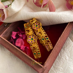 Gold Alike Dual Peacock Floral AD Stone Bangle Set - G11702