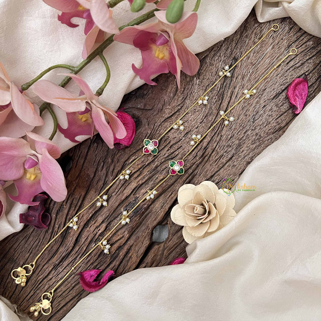 Vriksham Designer Floral With Pearls Drop Line Gold Look Alike Anklets-Red Green & White-G20688