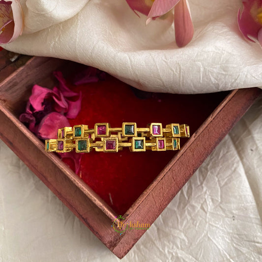 Gold Alike Red, Green Square AD Stone Bangle Set - G11703