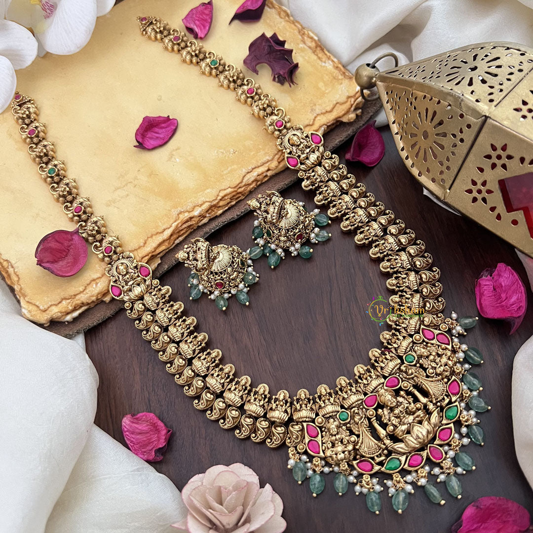 Vriksham Gold Look Alike Lakshmi With Maanga Style Long Neckpiece-Pastel Green Bead-G17858
