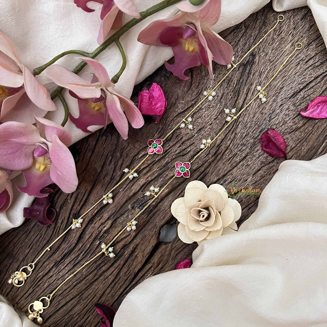 Vriksham Designer Floral With Pearls Drop Line Gold Look Alike Anklets-Red Green-G20687