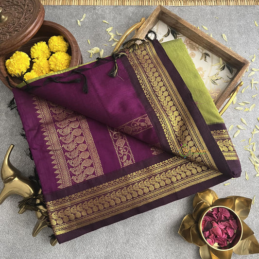 Olive With Grape Wine Border -Kalyani Cotton Saree - VS3731